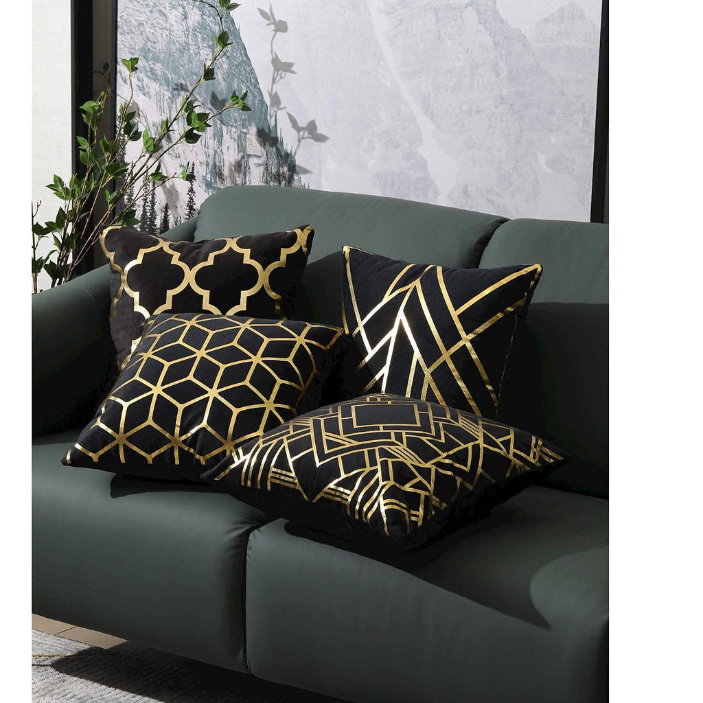 Set of 4 Velvet Throw Pillow Cover, Gold Geometric Cushion 18×18Inch