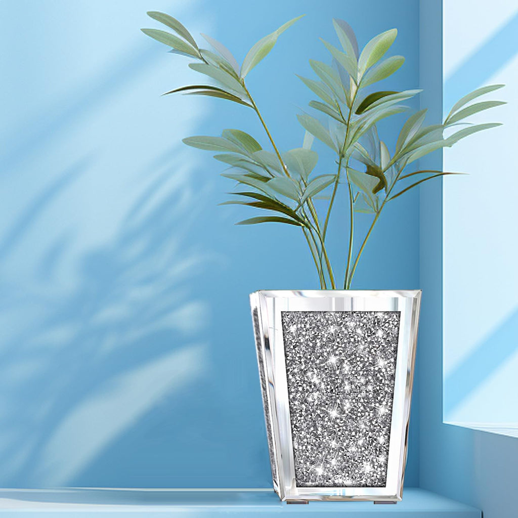 Crushed Diamond Mirrored Planter, Crystal Silver Glass Decorative Mirror Luxury Flower Pot, with Drainage Hole and