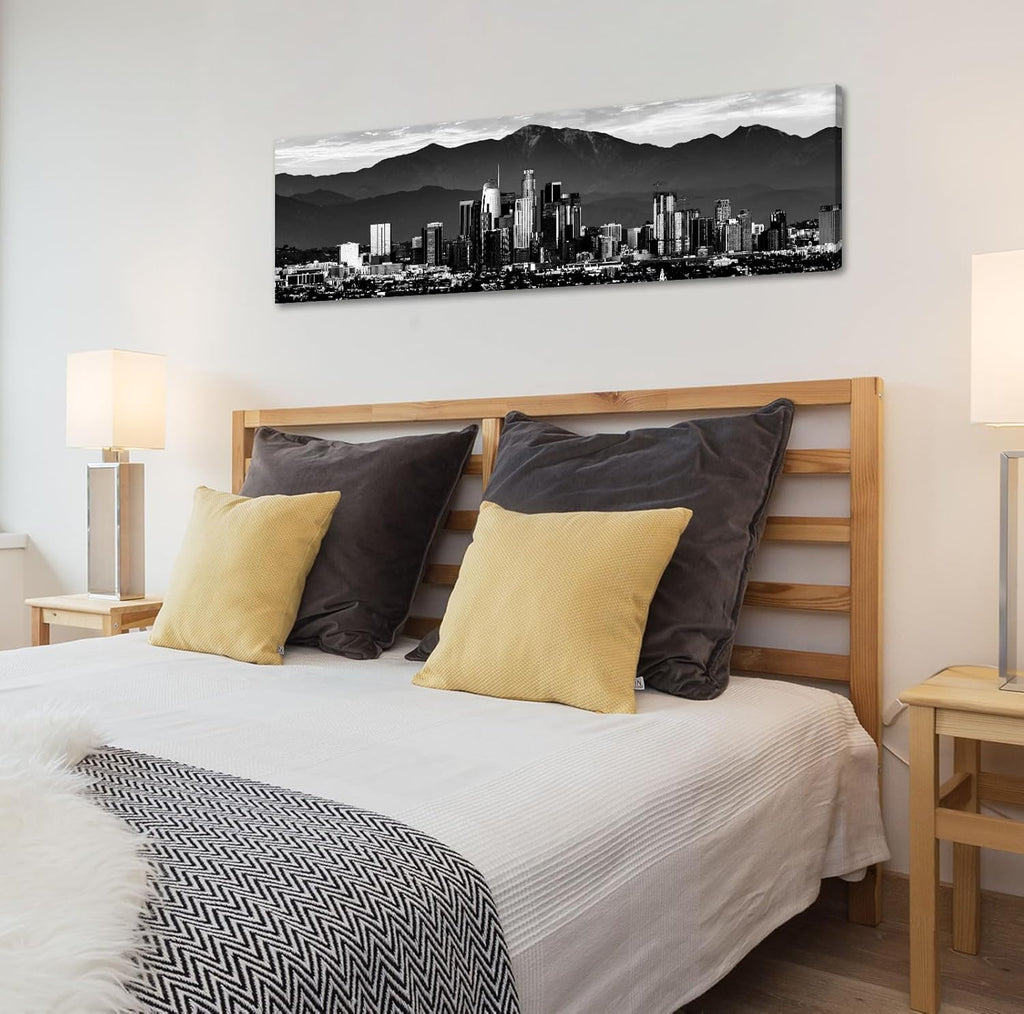 Los Angeles Skyline Canvas Wall Art, Large Black and White Cityscape Panorama Print, Modern Nightscape Painting