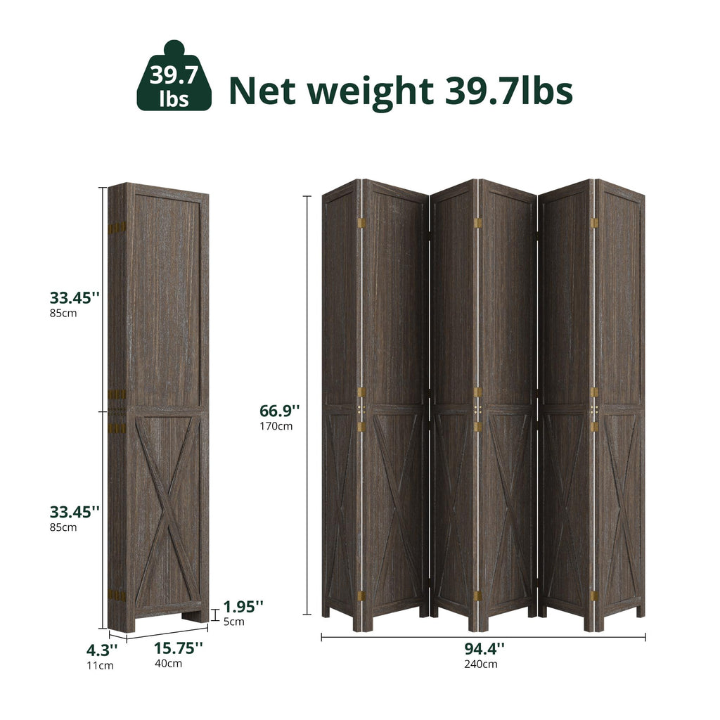 6 Panel Folding Room Divider, Solid Wood Privacy Screen, Freestanding Partition Wall, Temporary Wall