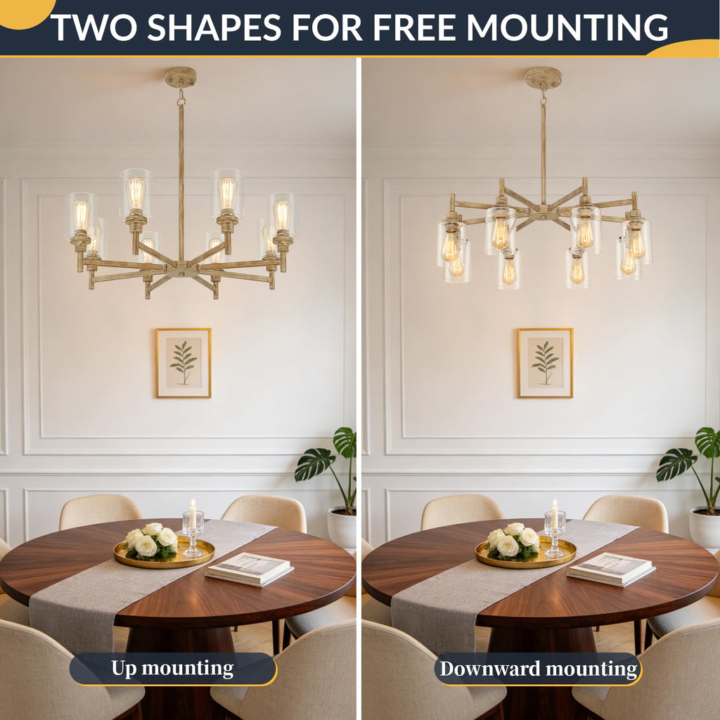 8-Light Rustic Farmhouse Chandelier 34", Dining Room Chandelier Over Table