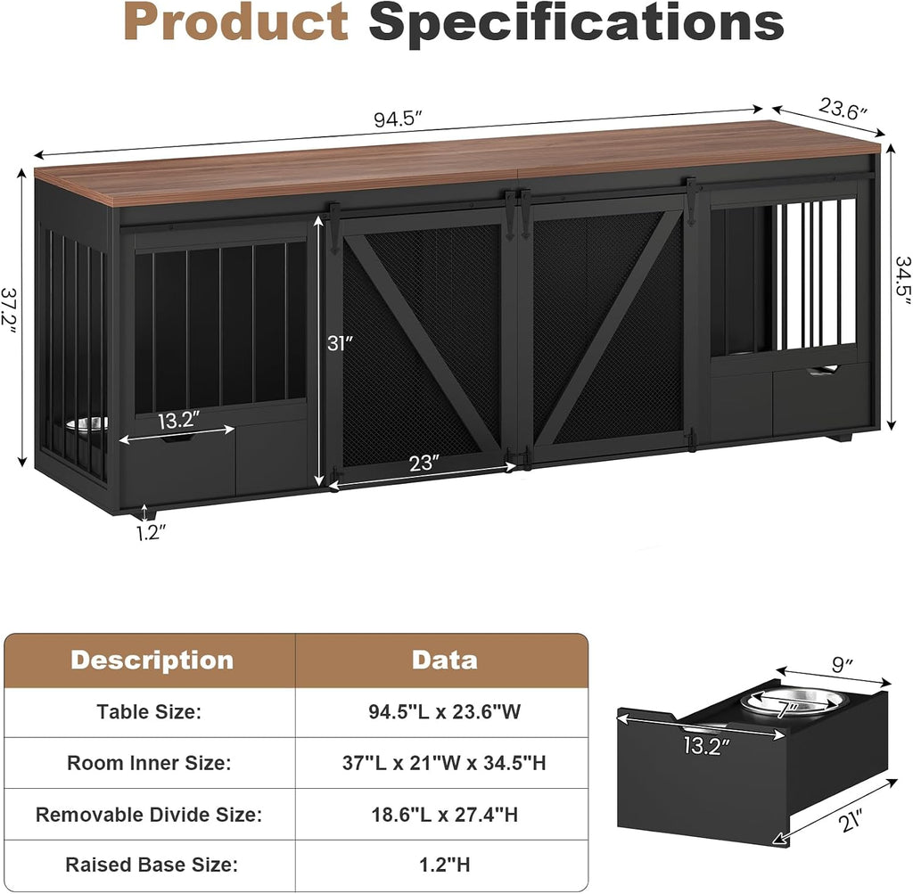 94.5" Dog Crate Furniture with Feeding Drawer for Large Dogs, Black