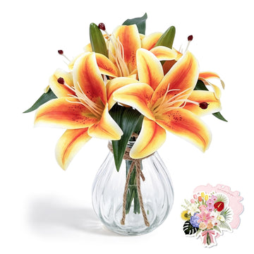 11in Artificial Orange Lily in Glass Vase with Faux Water Decor