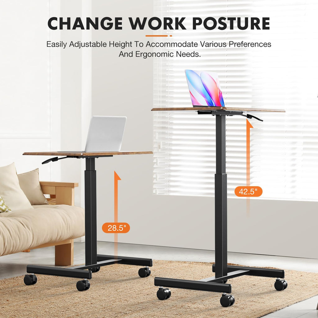 Small Standing Desk Rolling Table Adjustable Height, Laptop Mobile Stand with Wheels, Portable Computer Workstation
