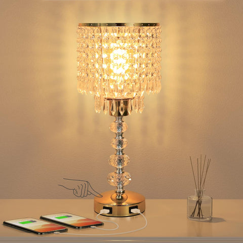 Crystal Table Bedside Lamp Touch Control, 3-Way Dimmable Small Nightstand Lamp with 2 USB Charging P