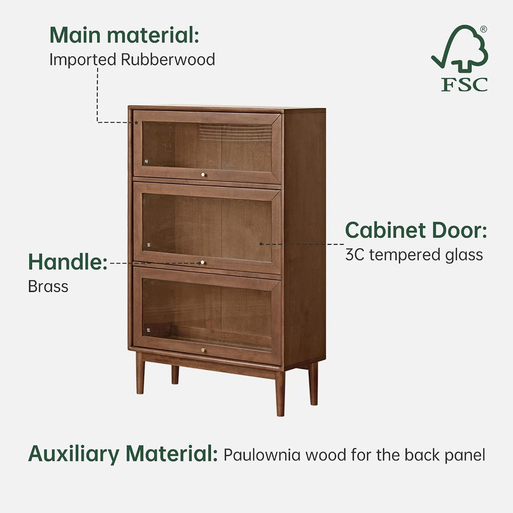 Solid Wood Bookshelf with Glass Flip-Up Doors, Vintage Display Cabinet, Solid Rubber Wood Combination Bookcase