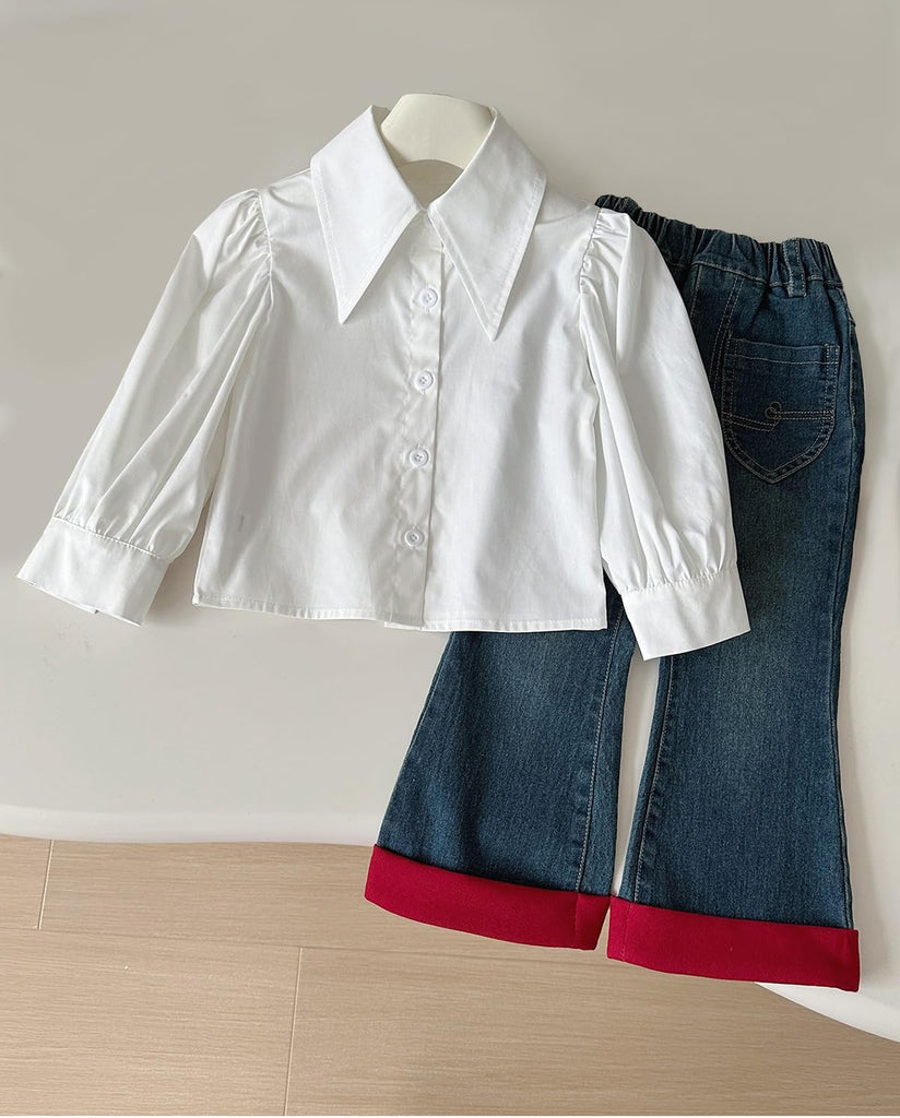 Toddler Girl 3 Piece Set Long Sleeve Shirt with Lace Bow Knitted Vest & Denim Jeans Girls Clothing Sets Fall