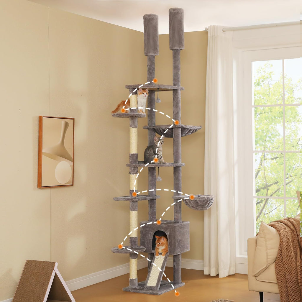 Floor to Ceiling Cat Tree, Height Adjustable 90.5-100.4'', Grey