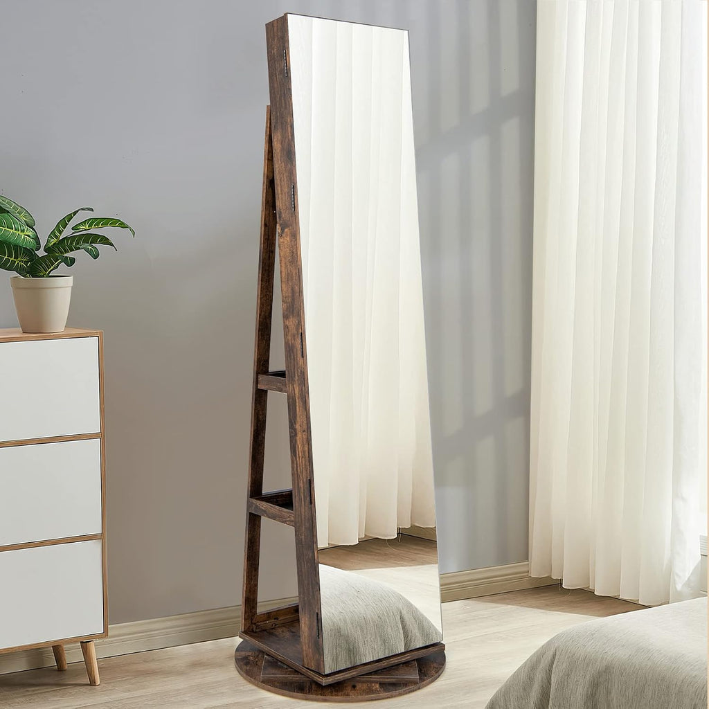 360° Swivel Jewelry Armoire with Full Length Mirror, Rear Storage Shelves, Lockable Standing Jewelry Cabinet
