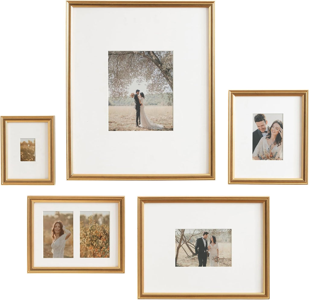 Adlynn Traditional Picture Frame Set, Set of 5, Varying Sizes, Vintage Gold, Classic Wall Frame Set Collection with