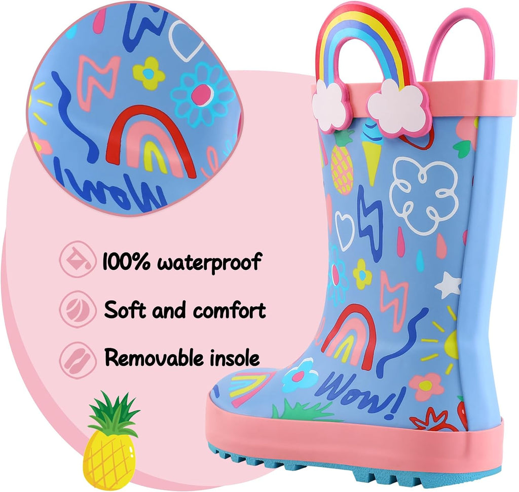 Kids Rain Boots Waterproof Printed Rubber boots with Handles