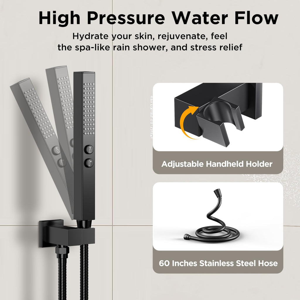 Shower System with Body Jets Matte Black, 4 Way 12+6" Shower Faucet Sets Complete with 2 in 1 Handheld,Ceiling
