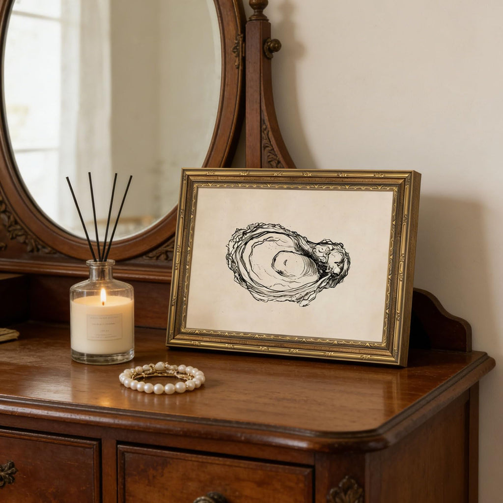 Gold Framed Wall Art Vintage Oyster Shell Sketch Wall Art Rustic Kitchen Cottagecore Seashell Wall Decor Picture