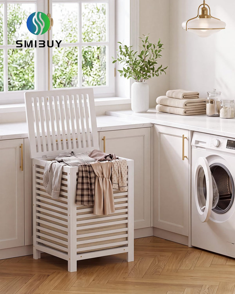 Double Laundry Hamper with Lid, 120L Bamboo Laundry Basket with Removable Liner Bag, 2-Section Clothes Divider