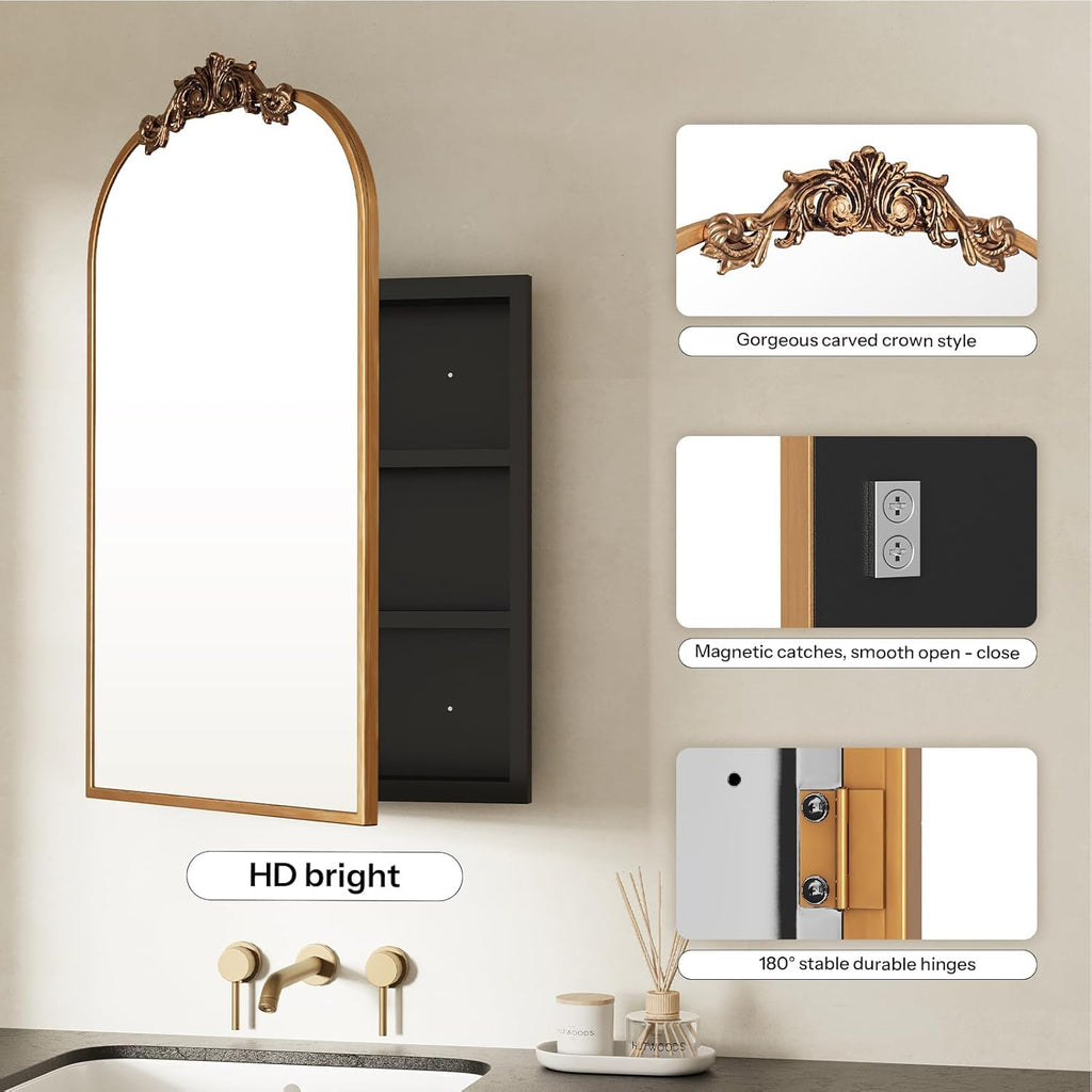 24x35 Inch Vintage Bathroom Medicine Cabinet Mirror Storage Gold | Easy Install Tempered Glass Mirror, Durable