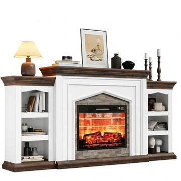 80" Fireplace TV Stand for TVs Up to 90 Inch, Electric Fireplace with Mantel, Farmhouse Entertainment Center with