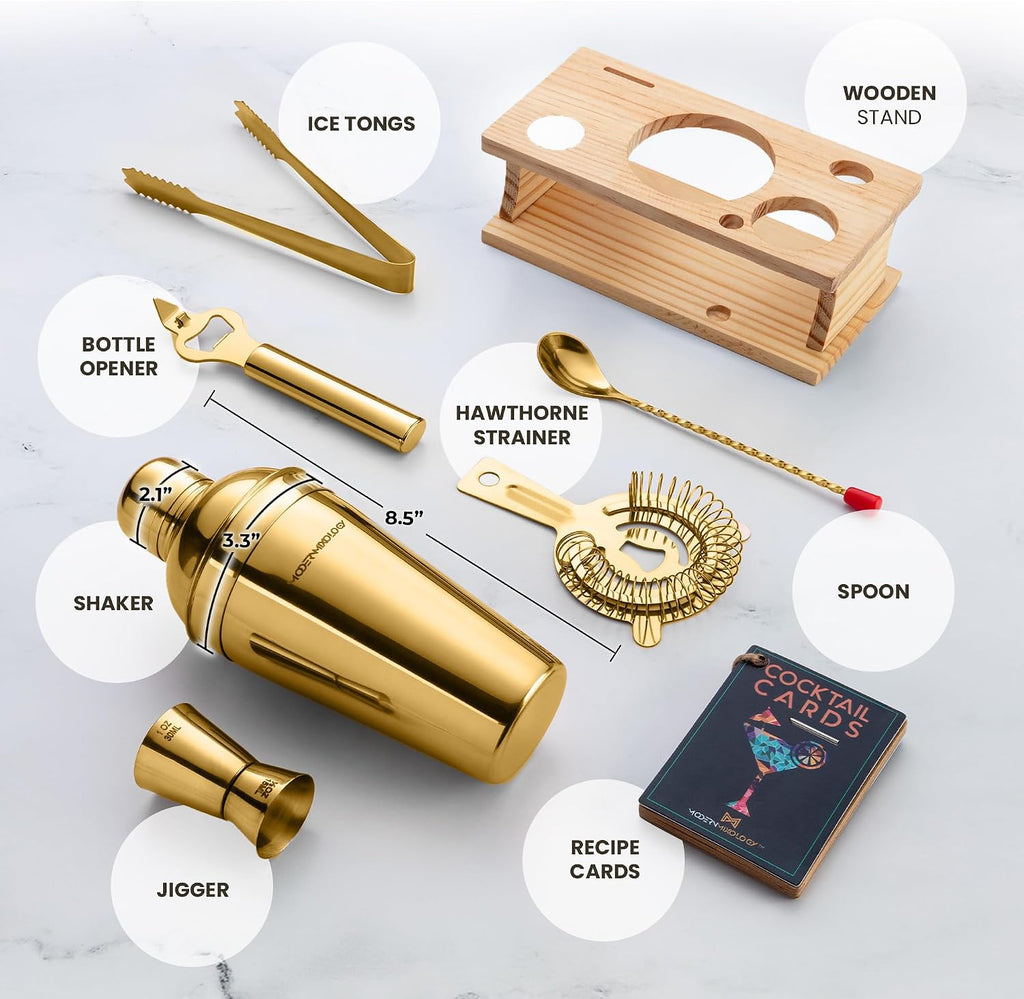 Cocktail Shaker Set - Bartender Kit with Pine Stand | Leak-Proof Design | Includes Martini Shaker, Jigger, Strainer - Set of 8