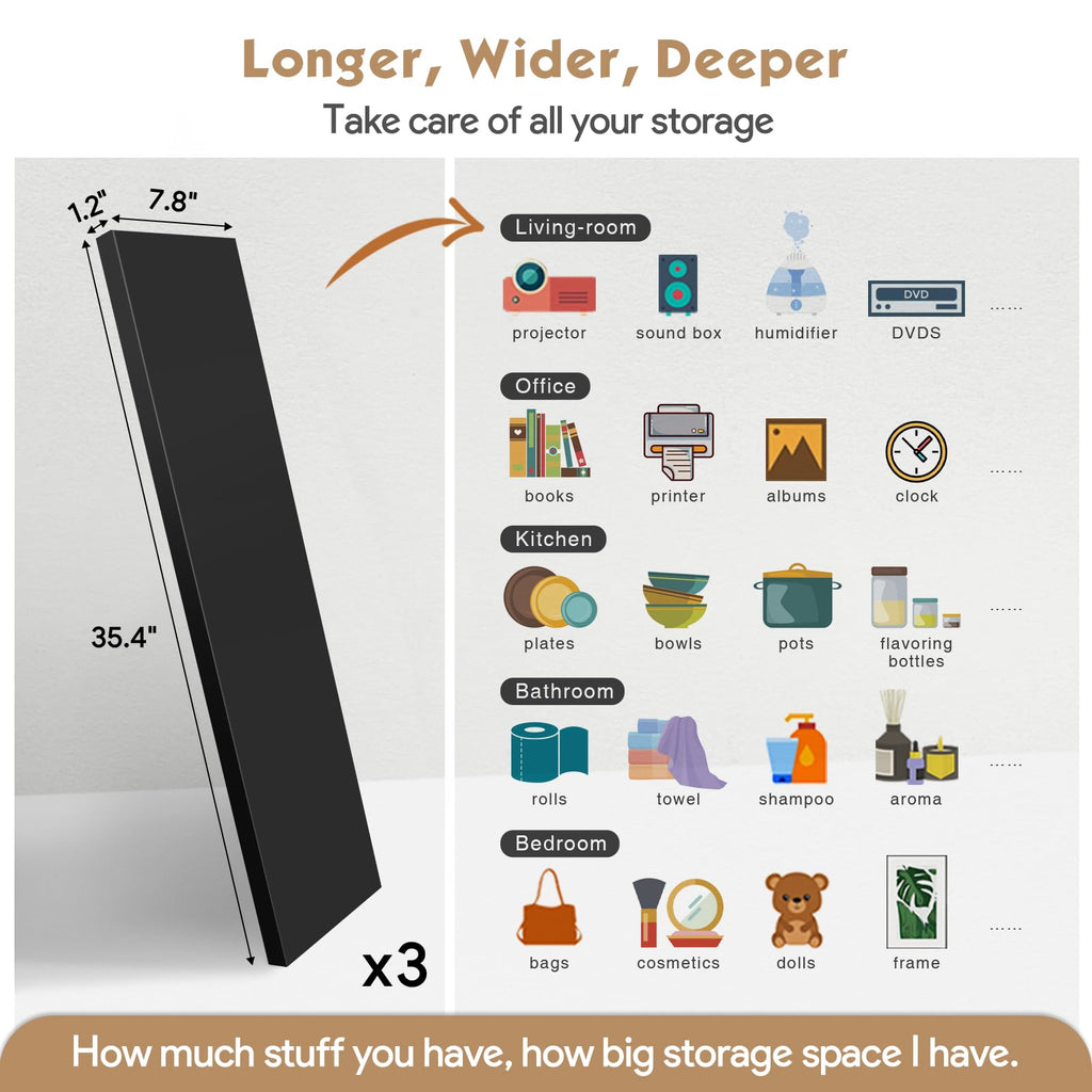 Large Floating Shelves for Wall 36 Inches Long 8 Inch Deep, Black Wall Shelves Bedroom, Heavy Duty Wooden Floating