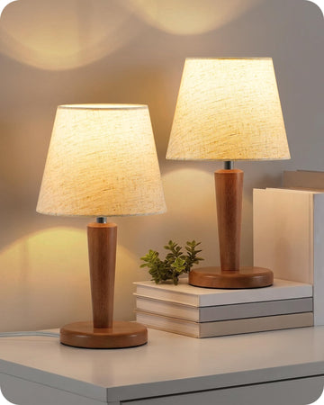 12" Wood Bedside Table Lamps Set of 2, Small Desk Lamps for Small Places, 3 Color Temperatures with Memory, Beige