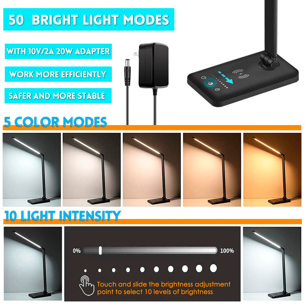 LED Desk Lamp with Wireless Charger, USB Charging Port, Eye Care