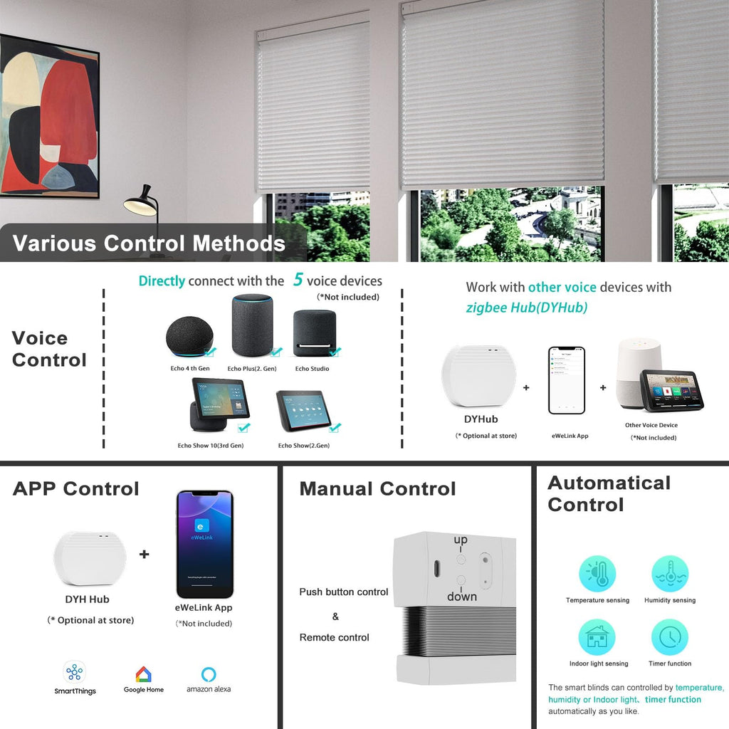 Smart Motorized Cellular Shades Remote Control for Indoor Windows Doors, Custom Size Electric Automatic Light