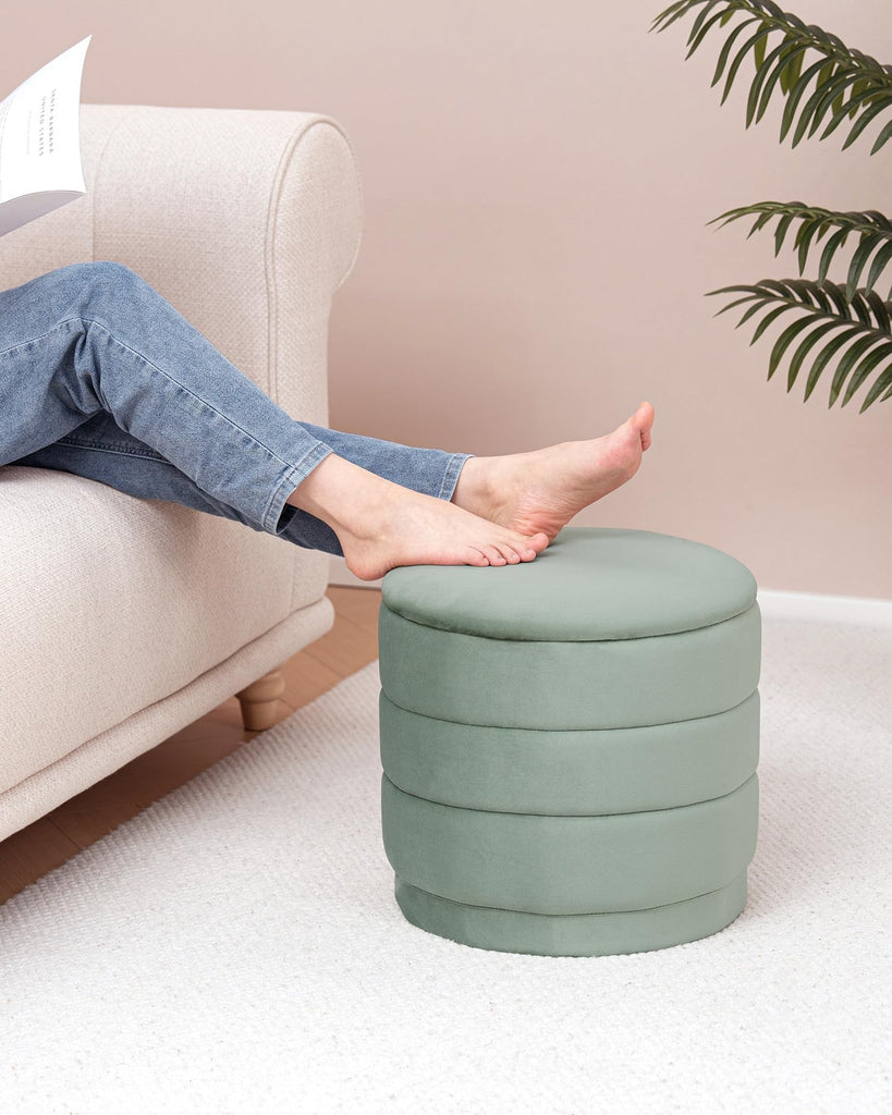 15.4" Round Velvet Storage Ottoman with Tray, Sage