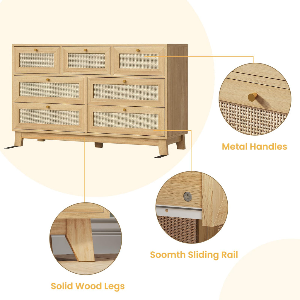 Rattan Dresser with 7 Drawer, Modern Wooden Wide Bedroom Dresser, Chest of Drawers with Metal Handle & Solid Wood