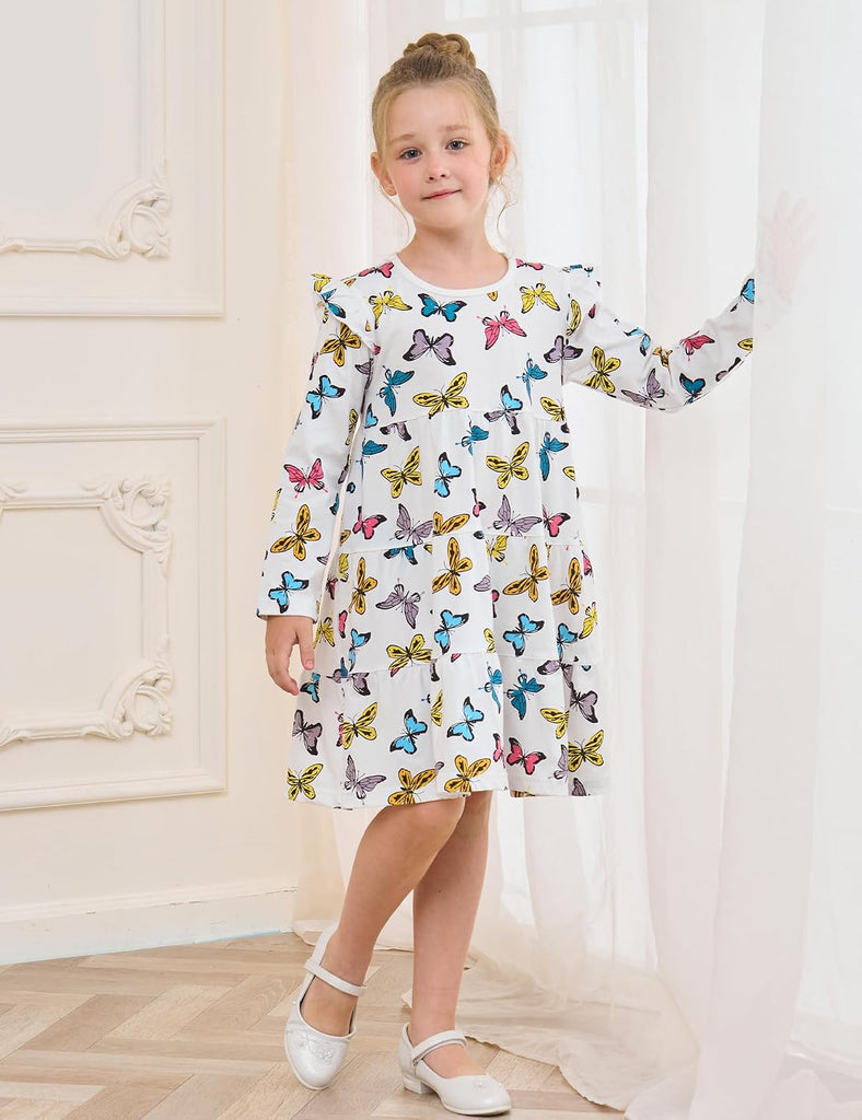 Girl's Dresses Cotton Ruffle Sleeve Tiered Swing A-Line Cute Midi Casual Sundress