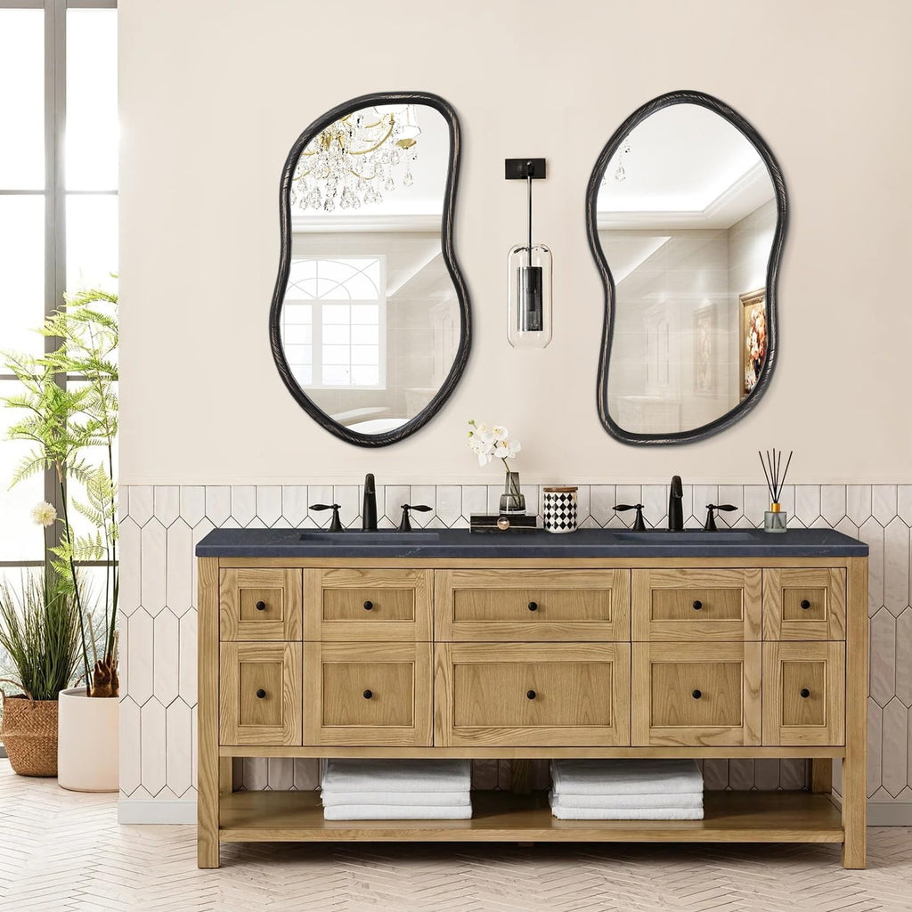 Asymmetrical Wood Mirror Irregular Wall Mirror Large Bathroom Mirror for Over Sink Rustic Black Wall Mounted Mirror