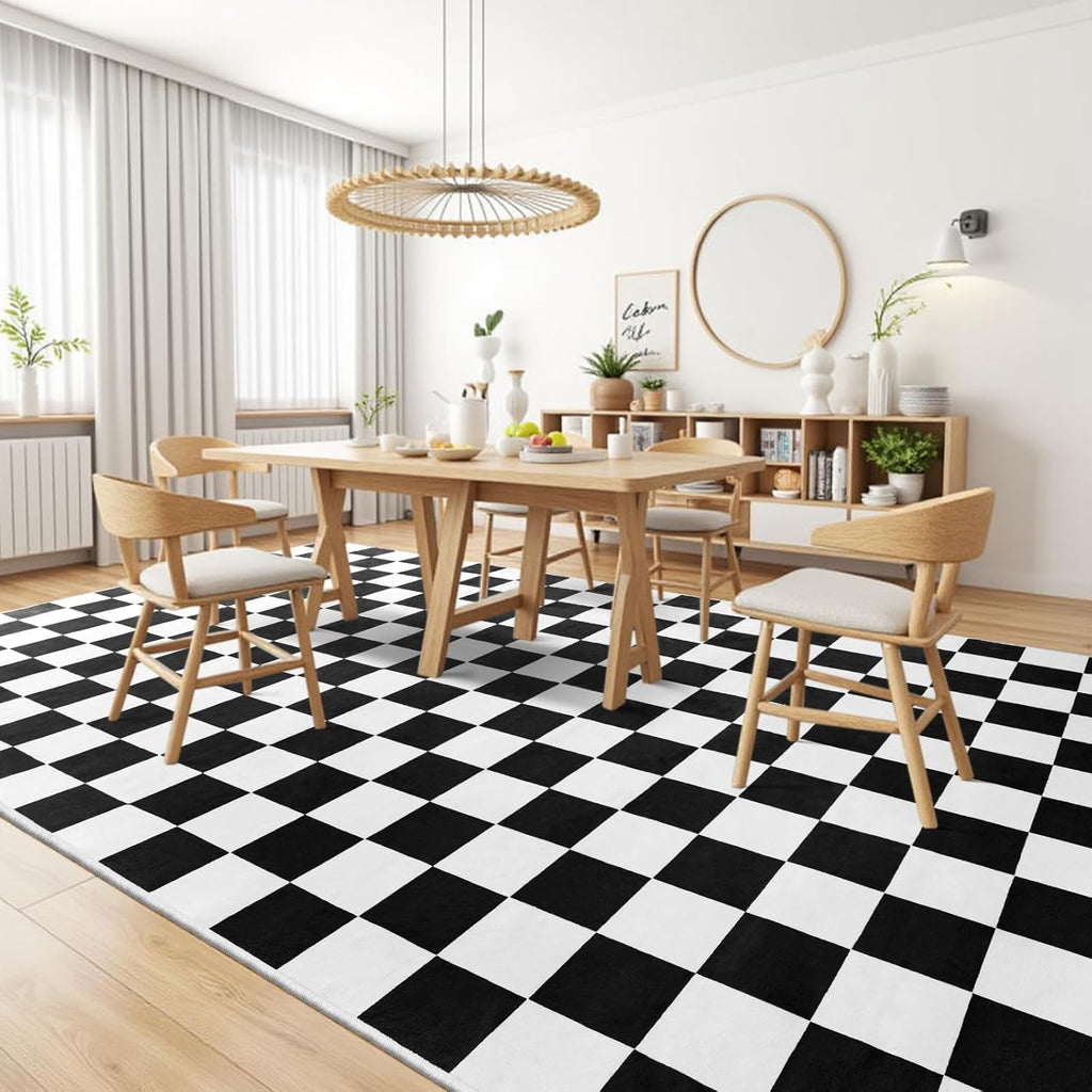 Black and White Checkered Rug for Living Room,5x7 Area Rugs Washable with Non Slip for Bedroom,Soft Low Pile Stain