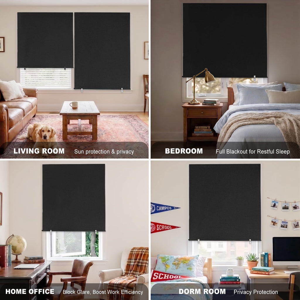 Wide 100% Blackout Roller Shades No Drill, Black