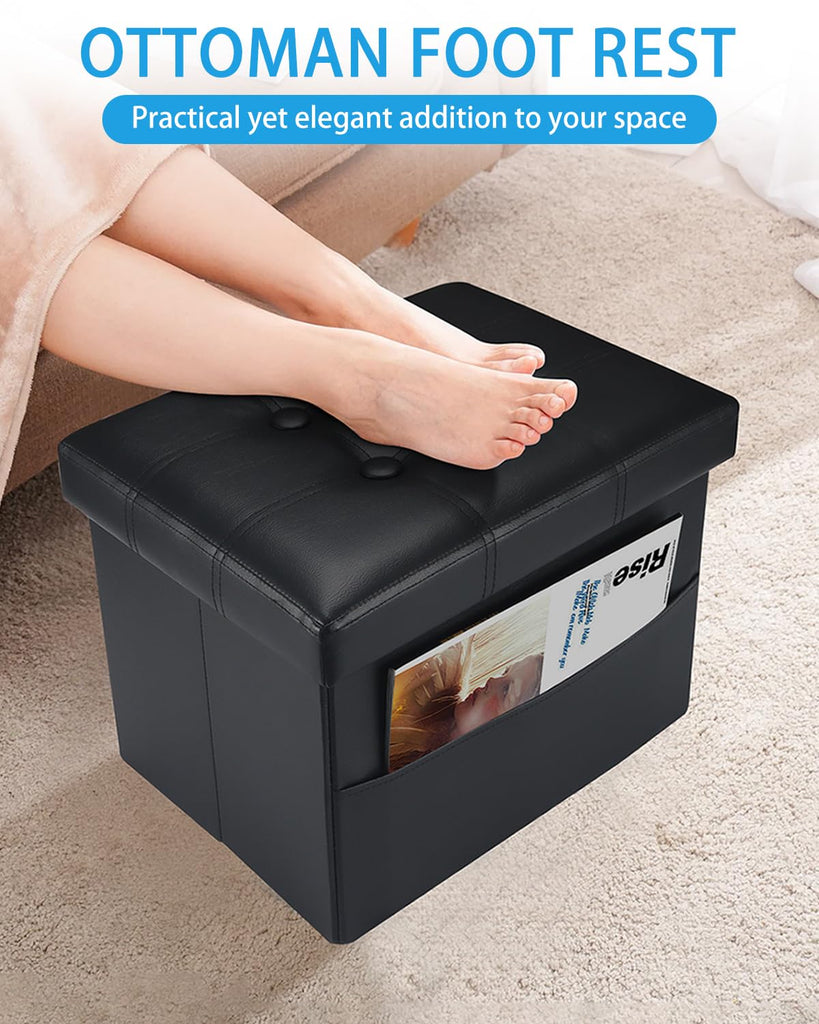 2PC Ottoman with Storage, 17" Leather Folding Foot Rest Stool, Black