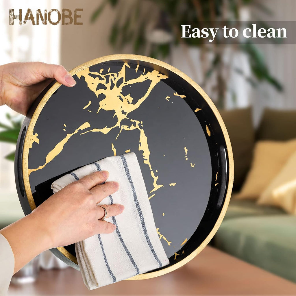 Round Decorative Coffee Table Tray , Black Marble Finish | 11.8" Modern Circle Tray with Handles Counter, Living Room