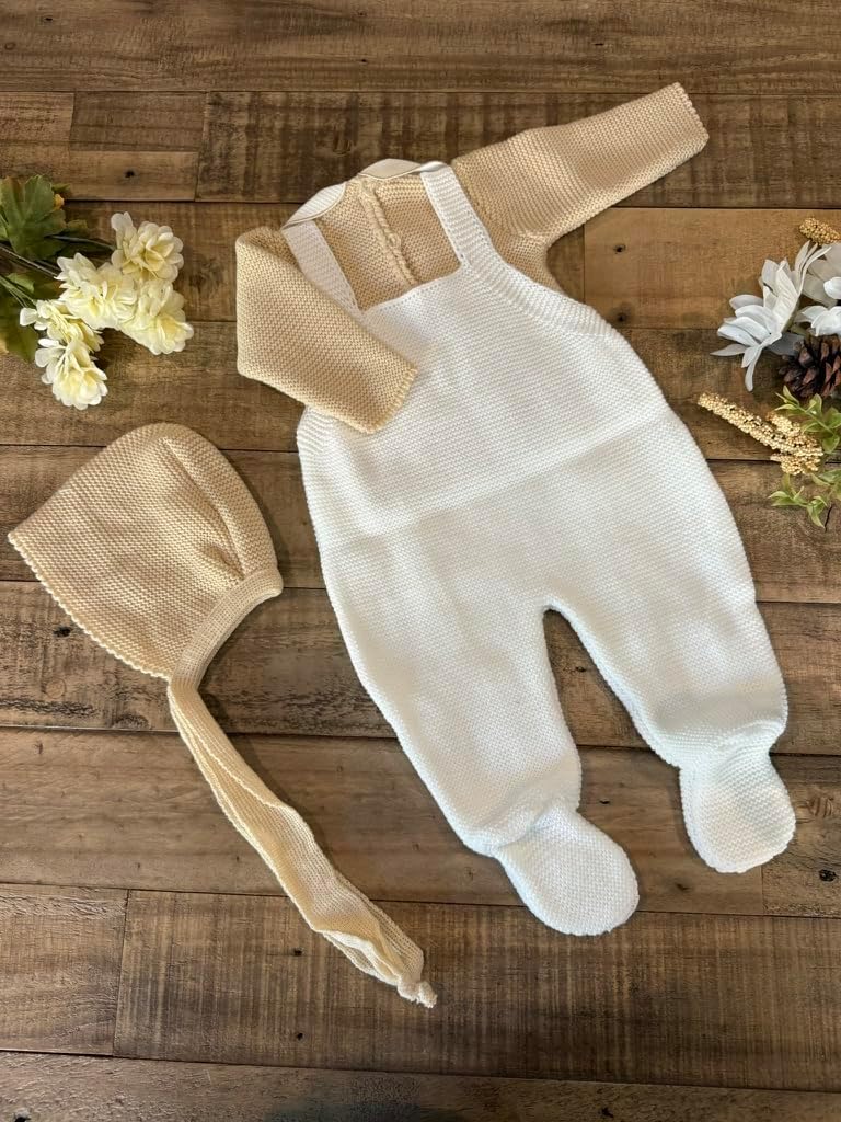 Piece Baby Outfit Set Knitted Infant Romper Long Sleeve Sweater Hat Overalls Boys Girls - Made in Spain