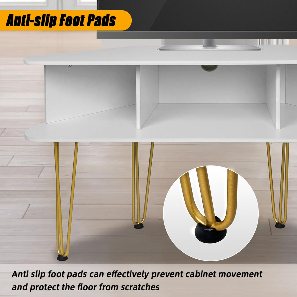Corner TV Stand for 50 Inch TV, White and Gold Corner Entertainment Center