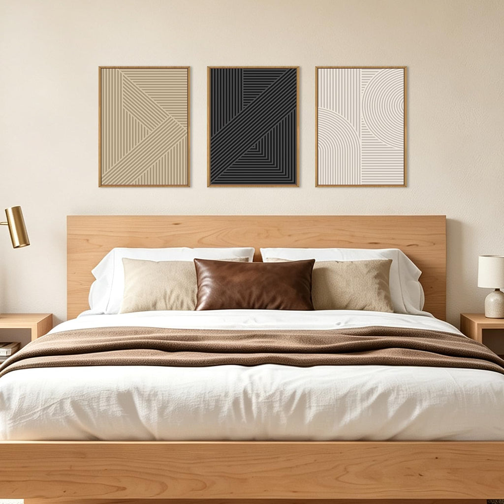 Framed Neutral Wall Art Black Geometric Artwork Modern Painting12x16
