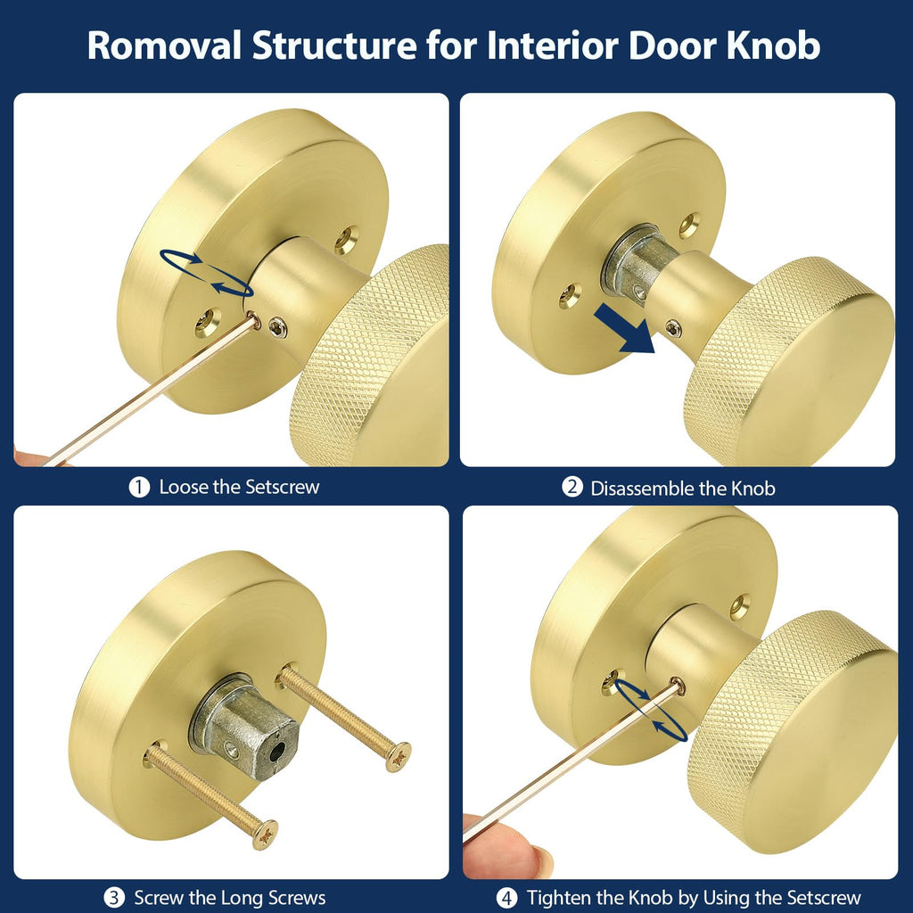 Gold Passage Door Knobs Interior, Zinc Alloy Keyless Brushed Gold Closet Door Knobs, Knurled Heavy Duty Brushed Brass