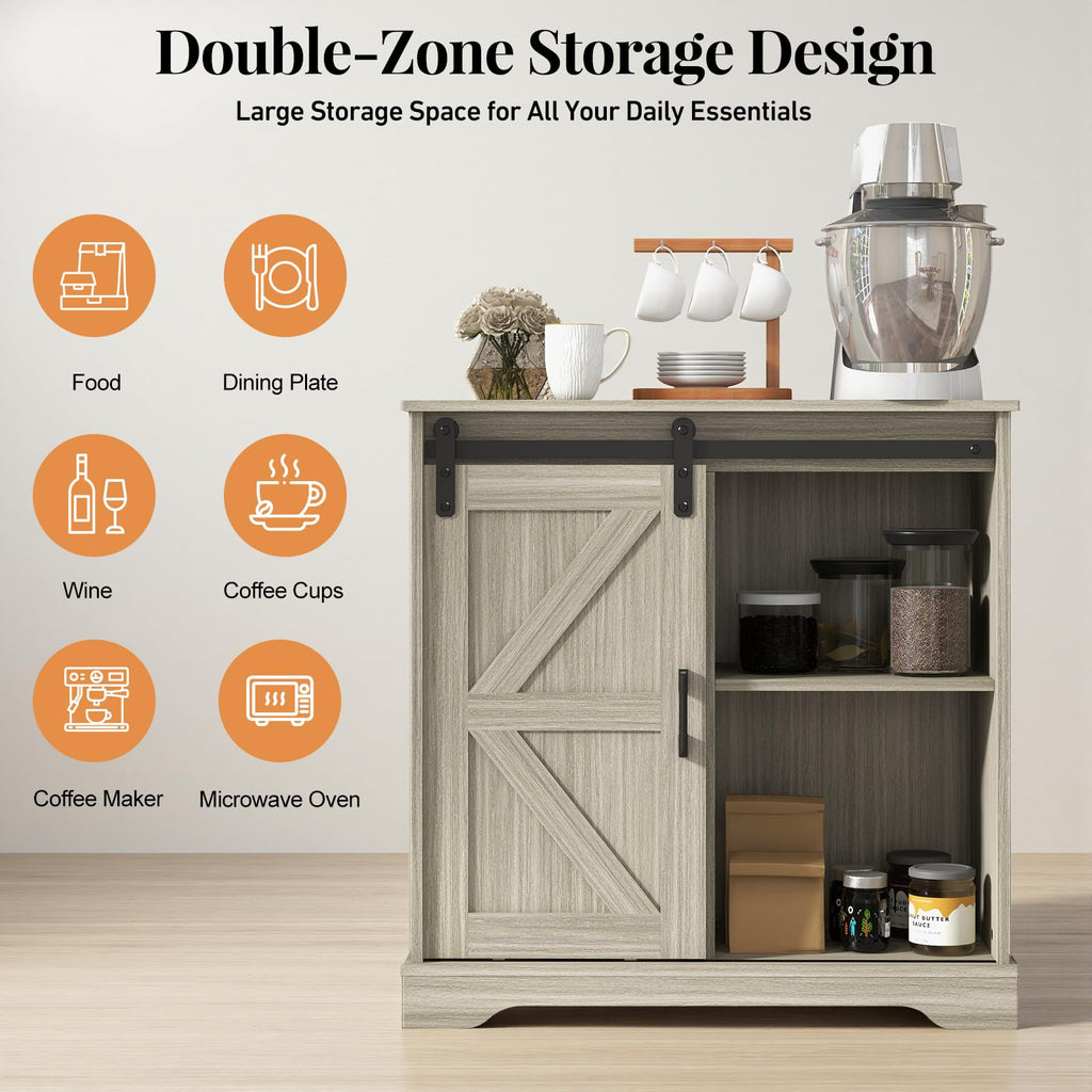 Sliding Barn Door Buffet Sideboard Storage Cabinet Coffee Bar Kitchen Farmhouse Style (Oak)