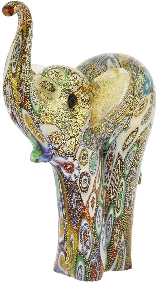 Elephant Collectible Millefiori Figurine Statue 4-1/2" Multicolor. in Italy Statue Blown Glass with 24K Gold Elephant