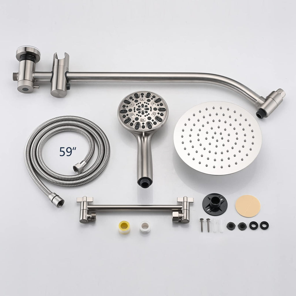 Rainfall 8 Inch Round Shower Head with High Pressure Handheld Spray Combo, Drill-Free Slide Bar with Adjustable