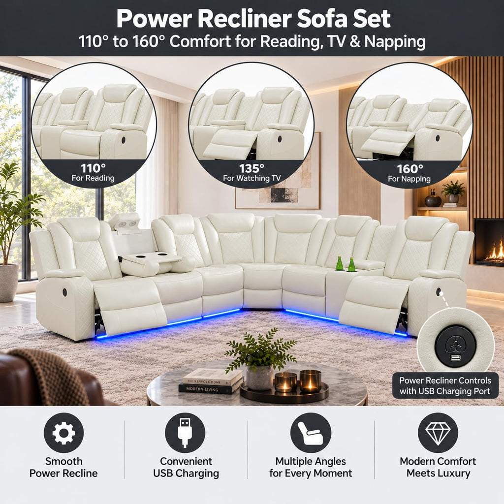 8-Seater Power Reclining Sofa Set, 4-Piece Leather Sectional Couch with 2 Loveseats, LED Lights, USB Ports, Cup