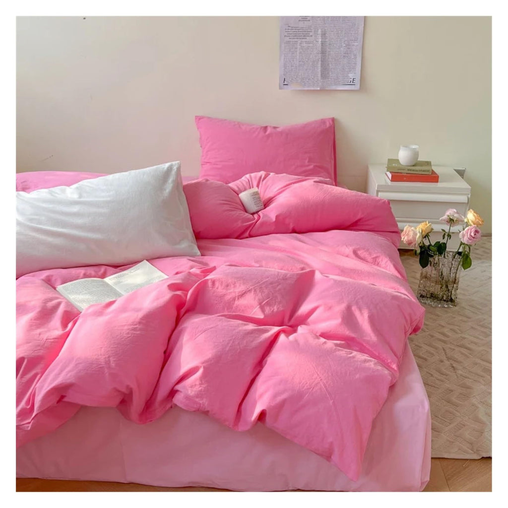 Bed, Cotton Waffle Jacquard Bright Color Four Piece Set Washed Cotton Bed Sheet and Quilt Cover
