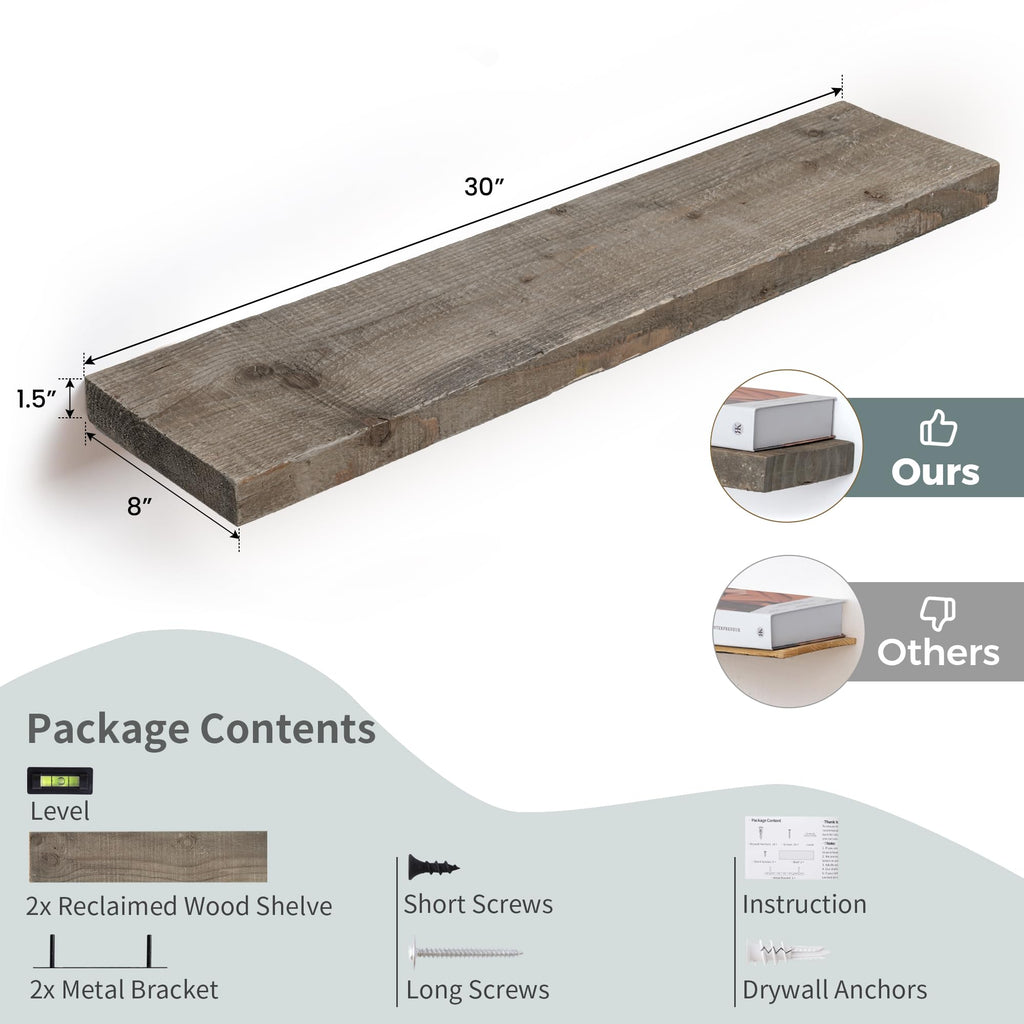 Floating Shelves, 8 Inch Deep Rustic Solid Reclaimed Wood Wall Shelves for Storage, Wall Mounted Display Shelving