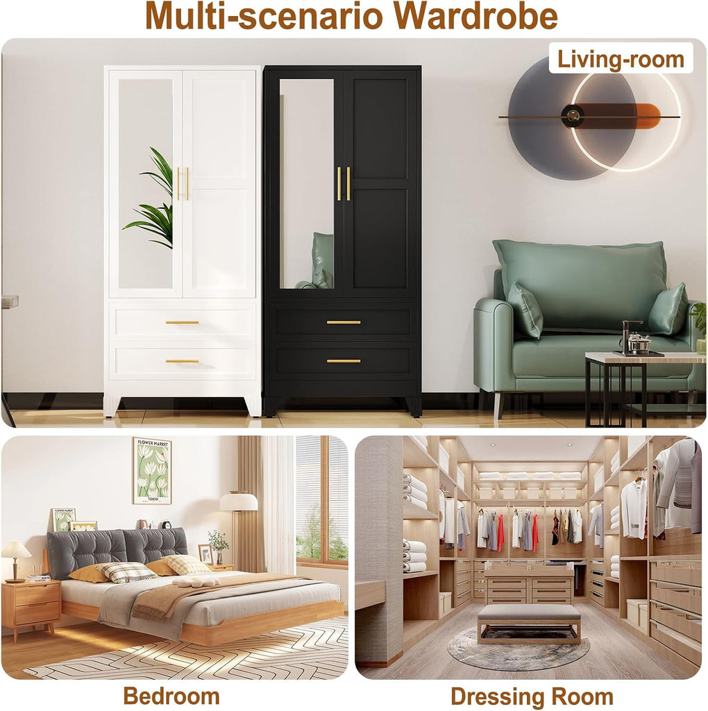 Metal Armoire Wardrobe Closet Storage Cabinet with 2 Doors Black, 71'' Wardrobe with Hanging Rod Metal Closet with