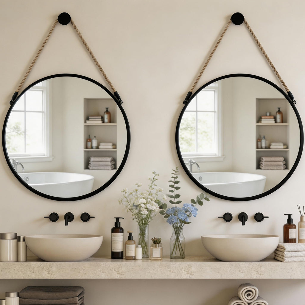 15" Small Round Hanging Mirror, Circle Wall Mirror with Jute Rope