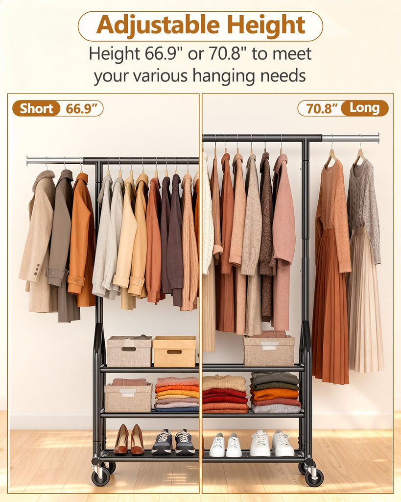 Heavy Duty Clothing Rack, Rolling Clothes Rack with 3 Shelves, Black