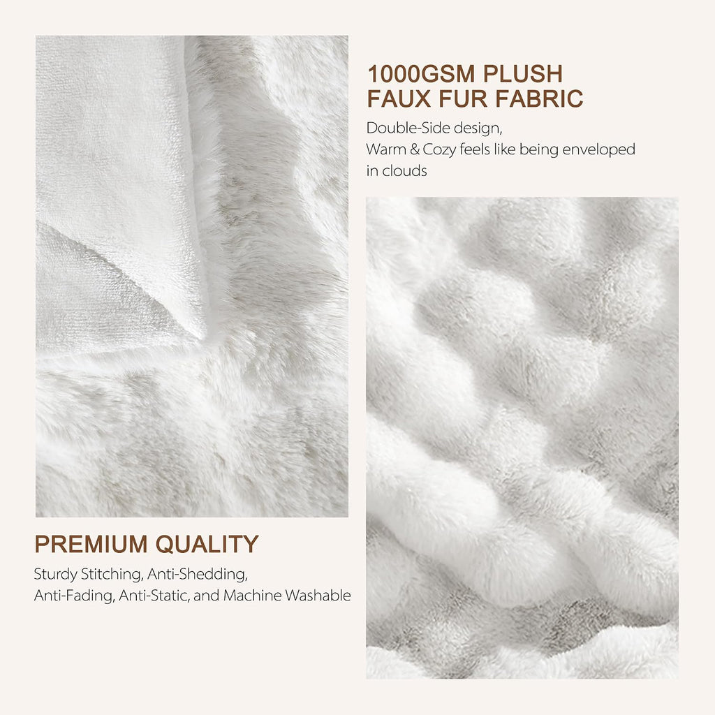 1000GSM Faux Rabbit Fur Throw Blanket, Super Heavy Warm Cozy Blankets for Couch Bed Sofa, Bubble Plush Fuzzy Elegant