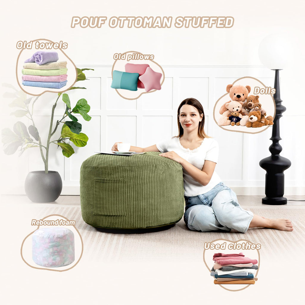 Round Stuffed Pouf Ottoman (Green, 26" D x 26" W x 18" H)