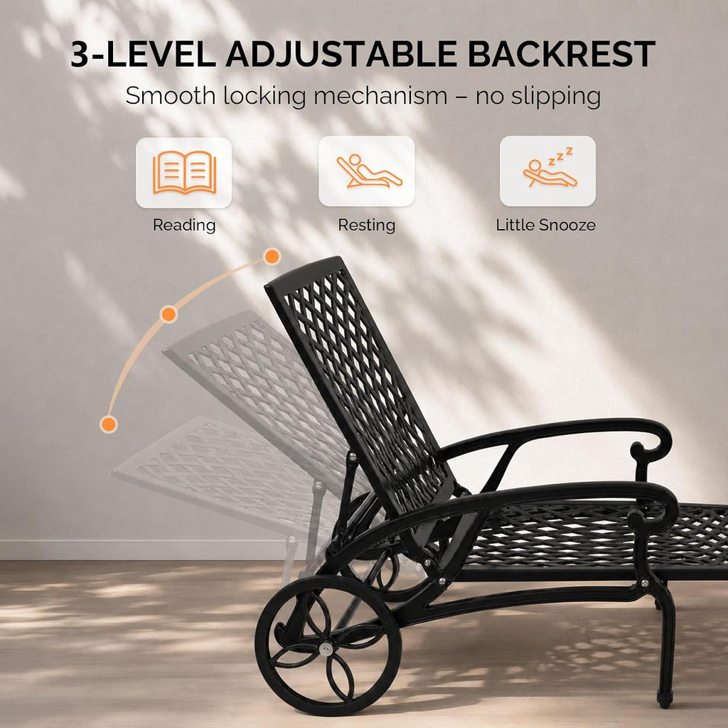 Cast Aluminum Outdoor Chaise Lounge Chair with Wheels, Patio Chaise Lounges with 3-Position Adjustable Backrest, Pool