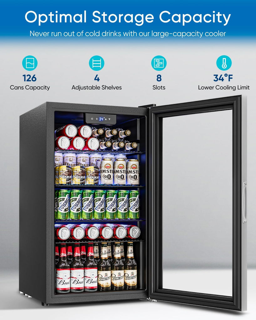 Beverage Refrigerator Cooler - 126 Can Mini Fridge Glass Door for Drinks Soda Be